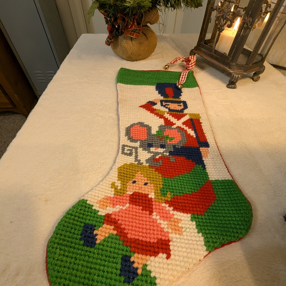 Handmade Needlepoint Nutcracker & Doll Christmas Stocking - Red Green White - Picture 5 of 8